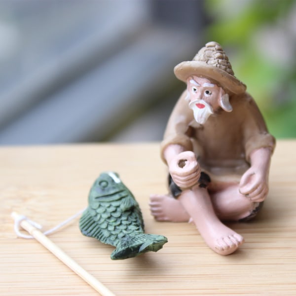 Fiske Old Man Resin Figur Statue Hage Ornament Micro-Lands Resin