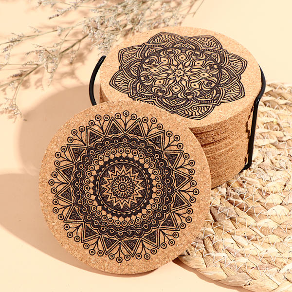 12 kpl Mandala Design pyöreän muotoiset puiset lasinaluset, joissa on teline