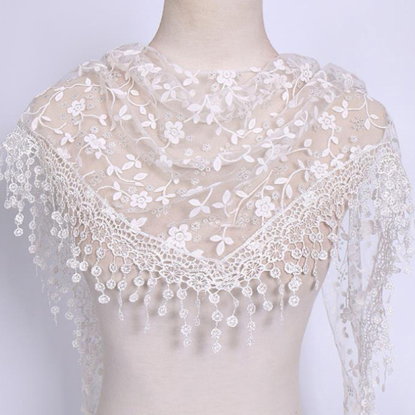 1 Stk Kvinder Mode Trekant Wrap Lady Sjal Blomst Blonde Tørklæde Sh White