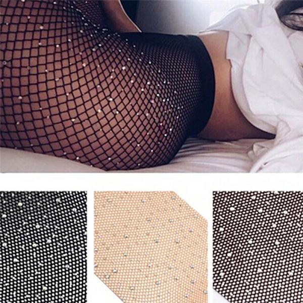 Nya kvinnor Crystal Rhinestone Fishnet Net Mesh strumpor T Coffee 76cm