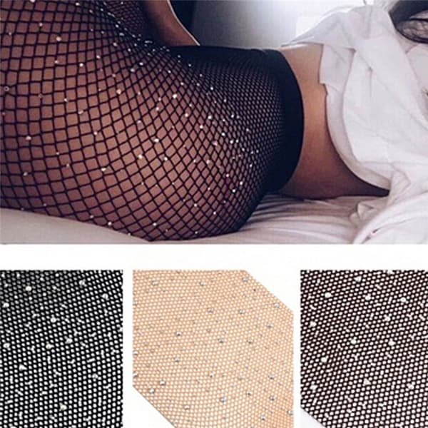 Nye Kvinder Krystal Rhinestone Fishnet Net Mesh Sokker Strømper T Nude 76cm