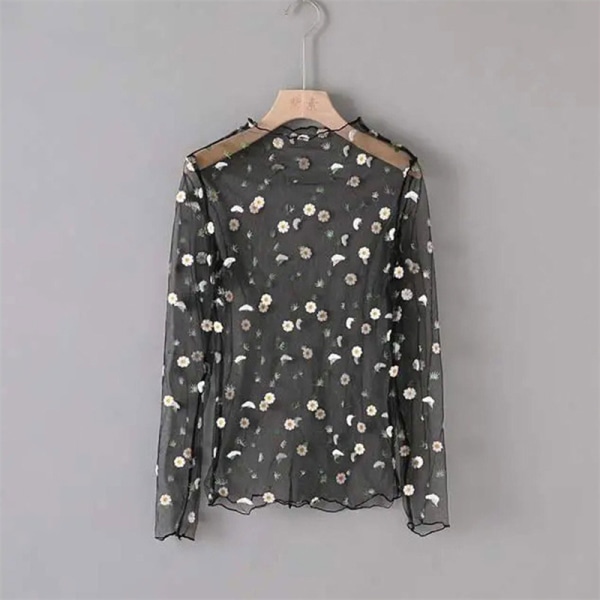 Dam T-shirt Se Through Transparent Mesh Toppar Långärmad Hon Black