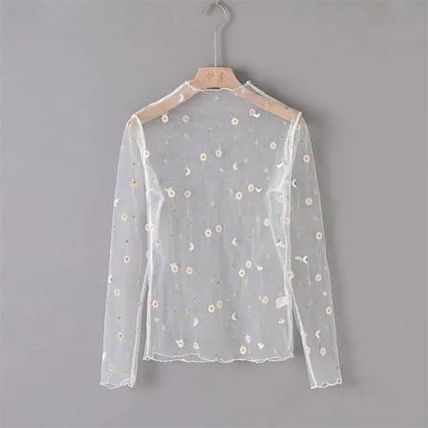 Dam T-shirt Se Through Transparent Mesh Toppar Långärmad Hon White