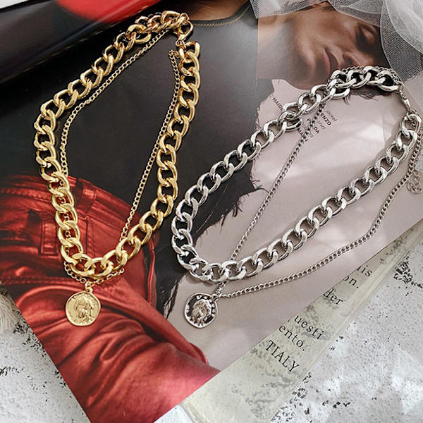 1 stk Vintage Multi-layer Coin Chain Choker halskæde til kvinder Go Silver