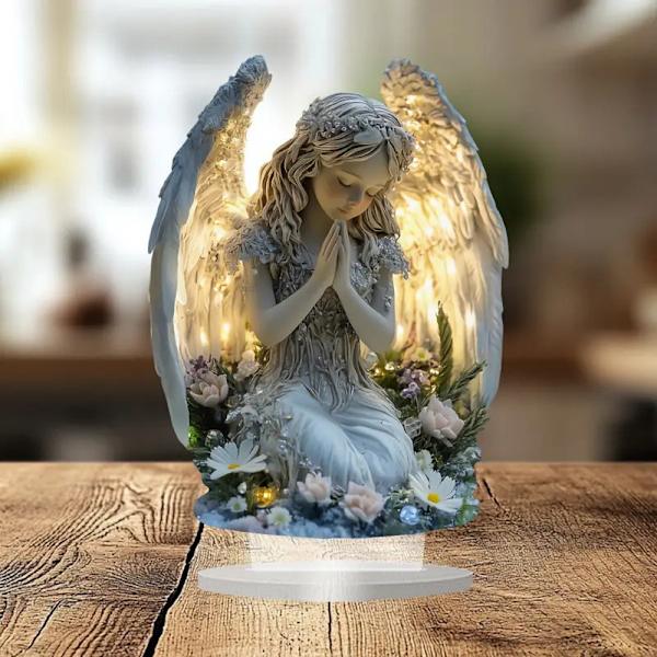 Strålende Bedende Engel Statue Akryl Bordplade Dekoration Med Base P White