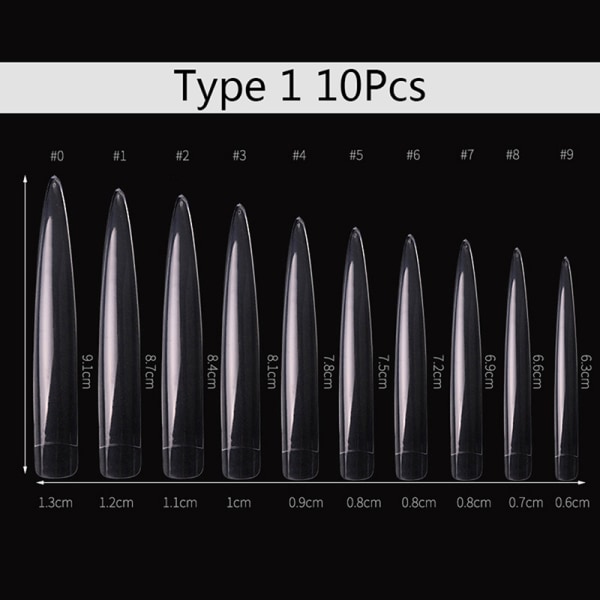 10 Stk Stiletto Nail Tips Ekstra Lang Form Klar Halv Deksel Fals Transprent 1
