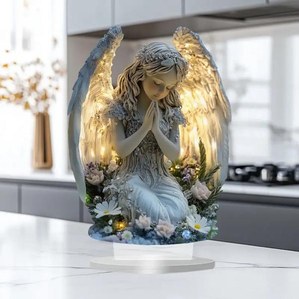 Strålende Bedende Engel Statue Akryl Bordplade Dekoration Med Base P White