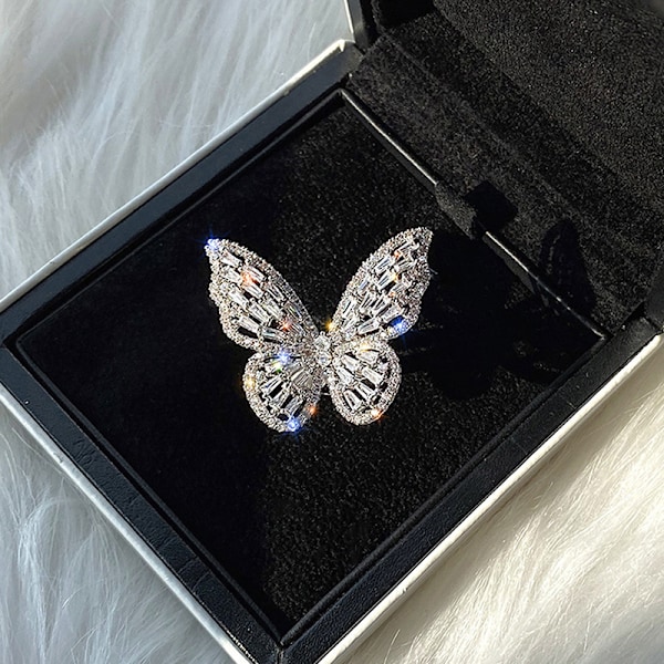 Zircon Butterfly Ring Gem Stone Öppning Överdriven Stor Knuckle One Size