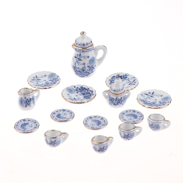 15 stk. 1:12 dukkehus miniature bordservice i porcelæn One Size