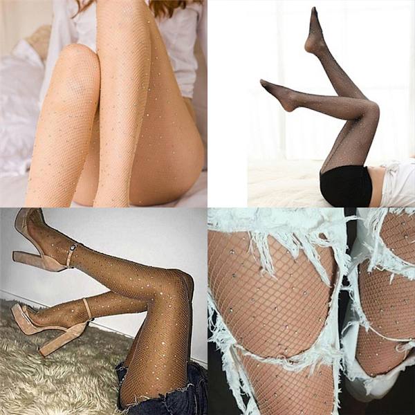 Nya kvinnor Crystal Rhinestone Fishnet Net Mesh strumpor T Black 76cm