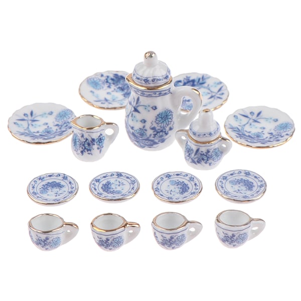 15 stk. 1:12 dukkehus miniature bordservice i porcelæn One Size