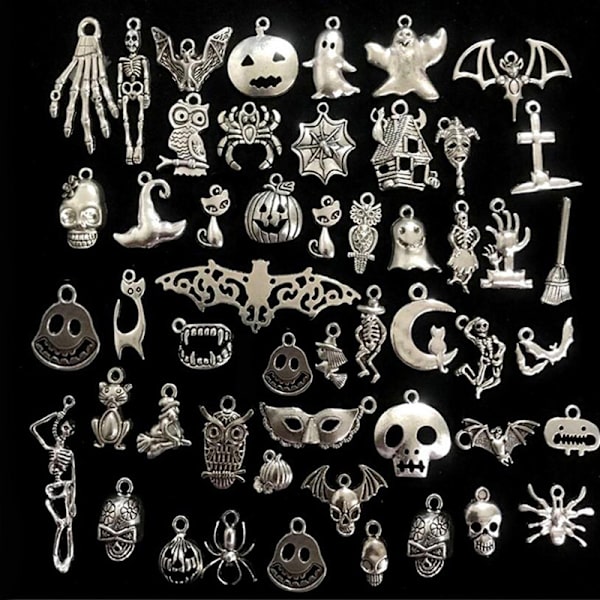 50 kpl Mixed Halloween Bat Skeleton Hopeakoruiset riipukset DIY J Silver