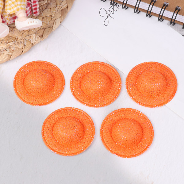 5 Styck Dollhouse Handvävd Straw Hat Doll Mini Coloful Hat Doll Orange