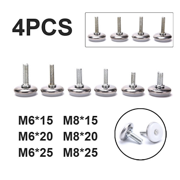 4 STK M6 M8 15/20/25 mm justerbare stålmøbelben Anti-skli 8*25