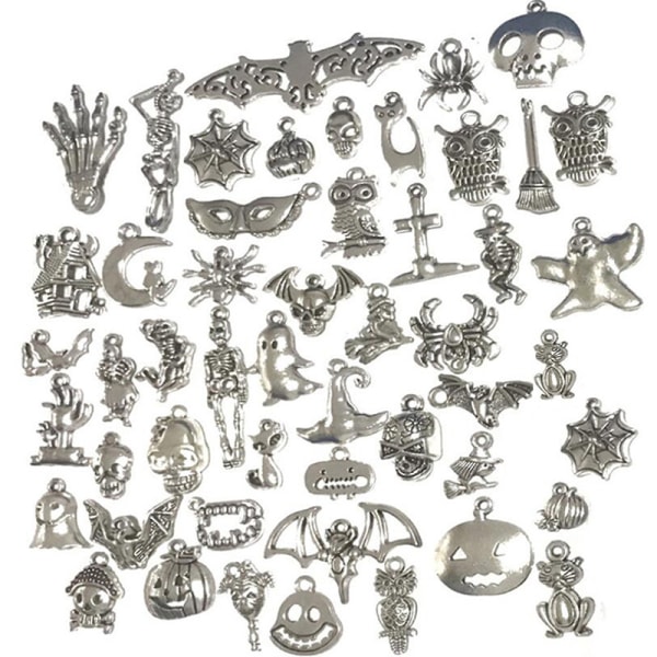 50 stk blandet halloween flaggermus skjelett sølv charms anheng DIY J Silver