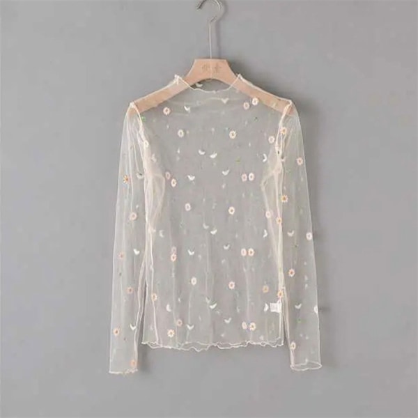 Dam T-shirt Se Through Transparent Mesh Toppar Långärmad Hon Apricot