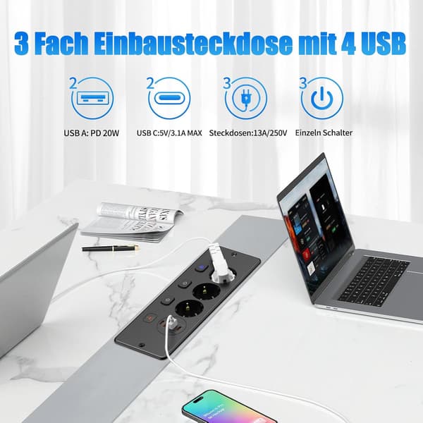 Indfældet stikdåse - 3-vejs med 2 USB, bordstikdåse med 2 USB C, 3 afbrydere, 2 m kabel black