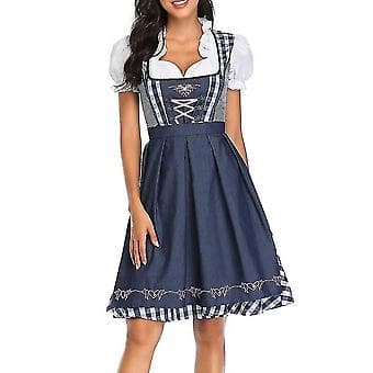 Tysk Oktoberfest Kostym Traditionell Bayersk Ölservitris Klänning (L Grå Blå)-FX-