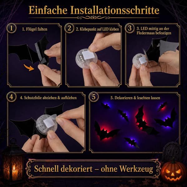 Halloween-dekorasjon utendørs 48 lysende 3D-flaggermus til dør og vindu | Inkluderer 48 LED-lys og selvklebende puter bat 48pcs