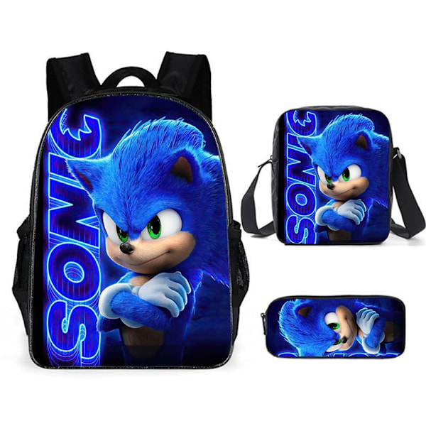 3 stk/sett Sonic The Hedgehog Ryggsekk Crossbody Veske Etui.