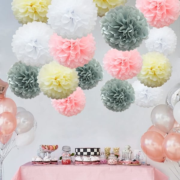 16 stk blandede silkepapirspomponer, pomponer blomster håndlavede bryllupsfestdekorationer bolde, grå nuance Grey Shade