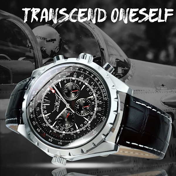 Toppmärke Luksus VINDARE Herre Mekaniske ure 2017 Automatiske Armbåndsure Herre Læderrem 3 Sub-urskiver 6 visere Reloj Hombre BO METAL SILVER-BLK