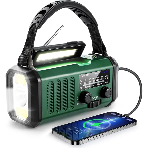 REMAKE Käyttökelpoinen radio käsikäyttöisellä latauksella, 10000mAh akku - NOAA/AM/FM sääradio - LED-taskulamppu ja lukulamppu - SOS-hälytin WELLNGS
