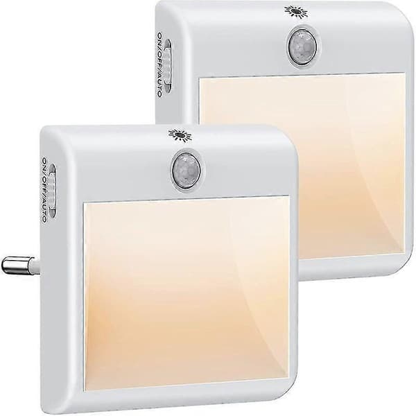 2-pakning LED-nattlys for vegguttak – Bevegelses-/skumringssensor, varmhvitt lys-FX-