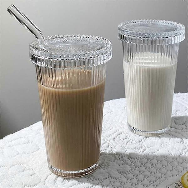 Glasmuggar med lock och sugrör, Iskaffekopp för kafé, Glasmuggar med sugrör och lock för heminredning-FX-