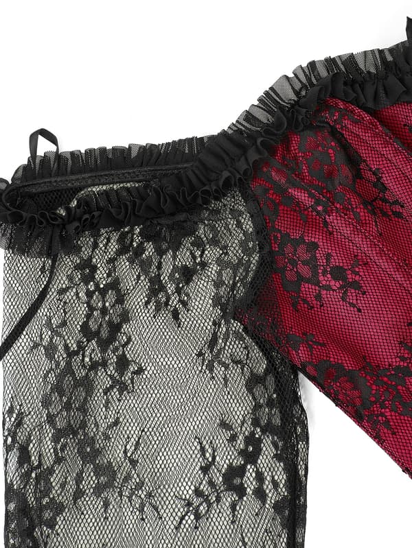 Plus-Size Overbust Korset Bodice Snøre Bustier med Mavekontrol og Blondeærmer til Kvinder 2XL Burgundy
