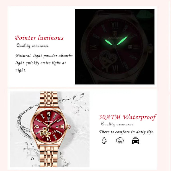 POEDAGAR Klocka Mode Lyx Vinröd Kvarts Klockor Vattentät Rostfritt Stål Dammarmbandsur Romantisk Flickvänsgåva Pink(.427)