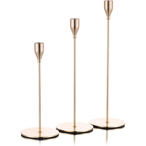Guld Ljusstake Set om 3, Hög Mässing Ljusstake Mittstycke Dekor-FX-