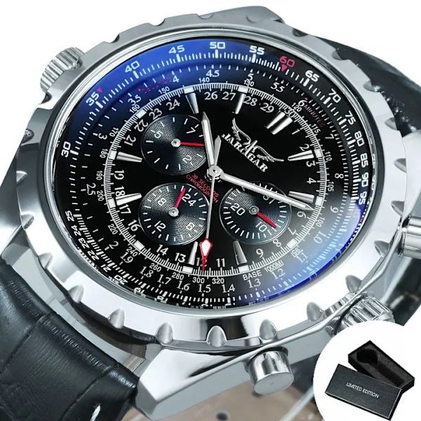 Toppmärke Luksus VINDARE Herre Mekaniske ure 2017 Automatiske Armbåndsure Herre Læderrem 3 Sub-urskiver 6 visere Reloj Hombre BO LEATHER BLACK