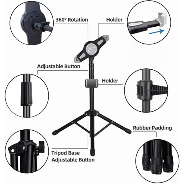 iPad-stativ, höjdjusterbart iPad-ställ & golv iPad-stativ med 360° roterande iPad-fäste