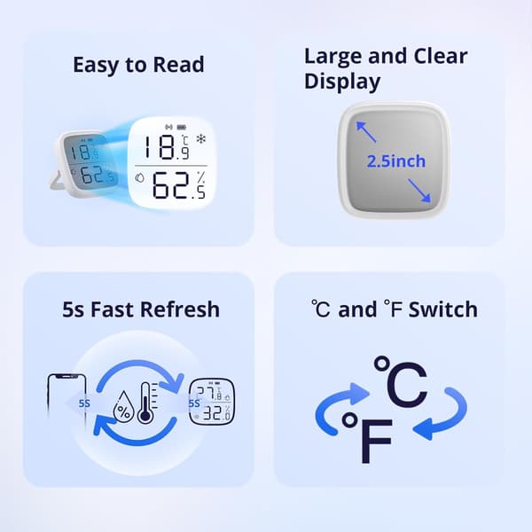 Temperatur- og fugtighedssensor, indendørs hygrometer og termometer, LCD-display, kompatibel med Alexa/Google Home.-FX-