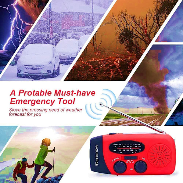 Solcelledrevet radio med vev, bærbar håndvevd AM/FM-nødradio med LED-lommelykt SOS-alarm, oppladbar USB-telefonlader lommelykt for camping
