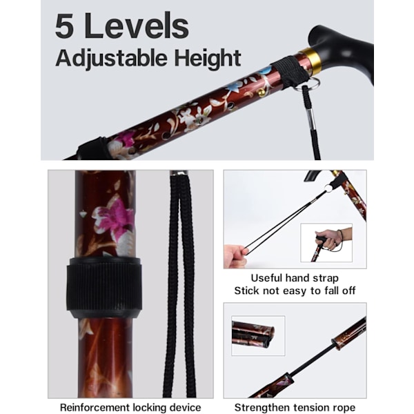 Svart - 1-delad hopfällbar käpp, blommig aluminiumkäpp, justerbar lättvikts bärbar vandringsstav med ergonomiskt halkfritt handtag‘-UU-