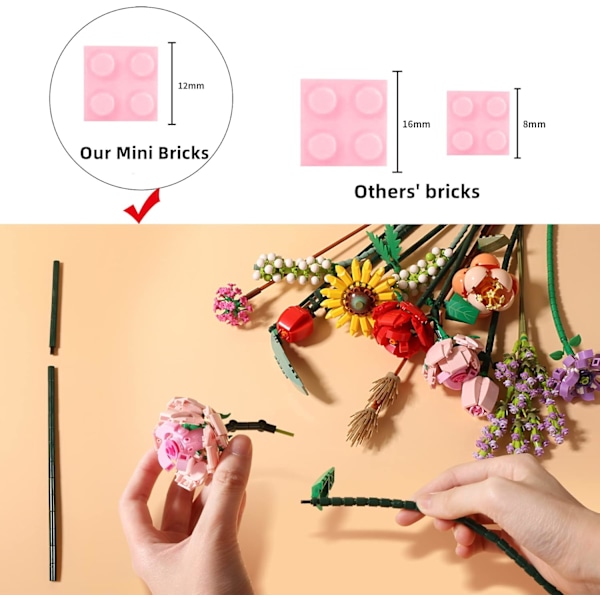 Mini tegelsten blombukett byggsatser, konstgjorda blommor, DIY unik dekoration hem, 547 delar botanisk samling