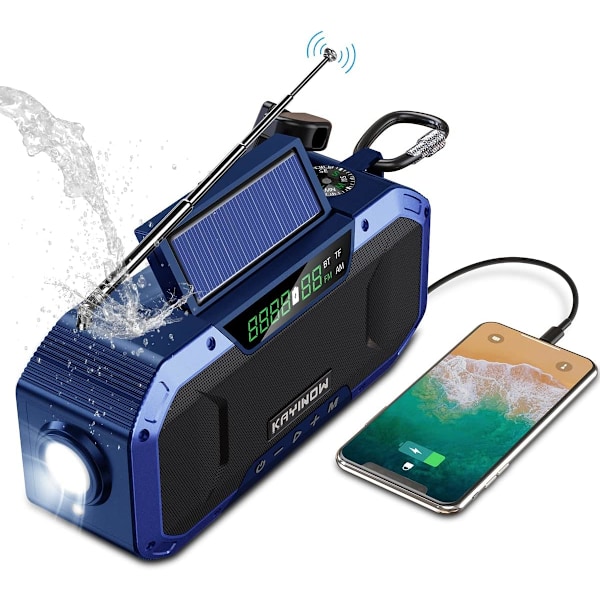 Solarradio - Bluetooth-högtalare, IPX5 vattentät bärbar AM/FM-överlevnadsradio, 5000mAh uppladdningsbart batteri multifunktionell nödradio, blå