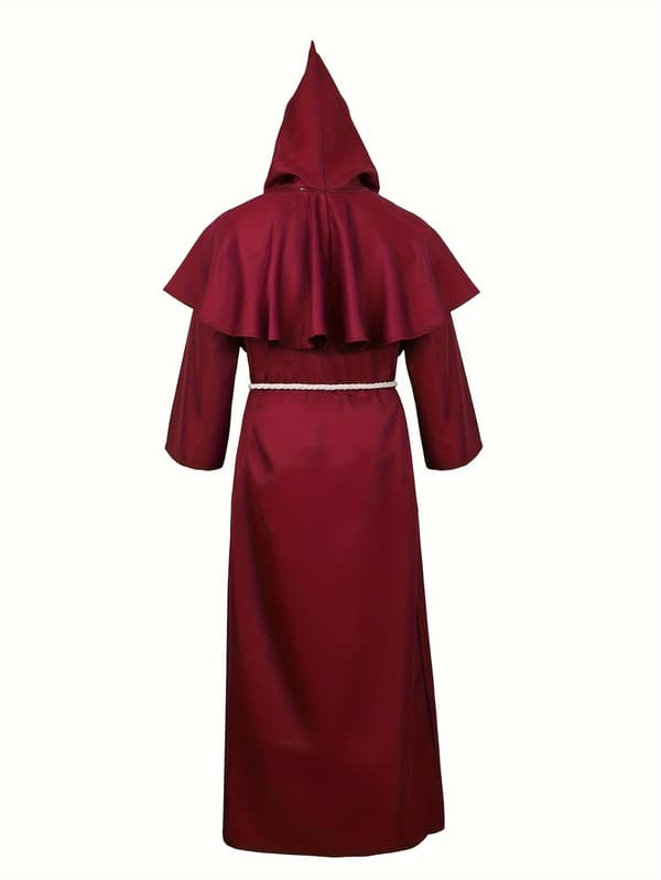 Hætteklædt middelalderlig præstekappe-kostume til mænd, polyesterfestkappe med bælte S Burgundy