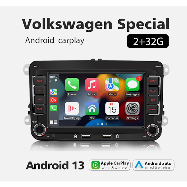 Autostereo 7 tuuman Android Apple Carplay GPS:llä VW Golf MK5 Polo Passat Jettaan