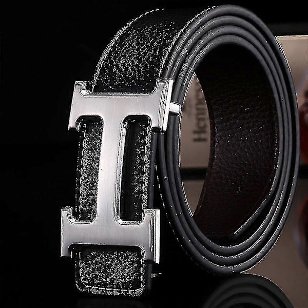 Ny Stil Affärsmässig Casual Äkta PU Läder H Slätt Spänne Litchi Korn Bälte För Män (FMY) Black   Silver