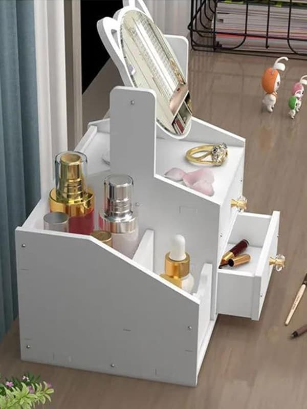 Luxury White Wooden Cosmetic Storage Box with Large Capacity, Multifunctional Design, Drawers, Dustproof Lid, and Mirror