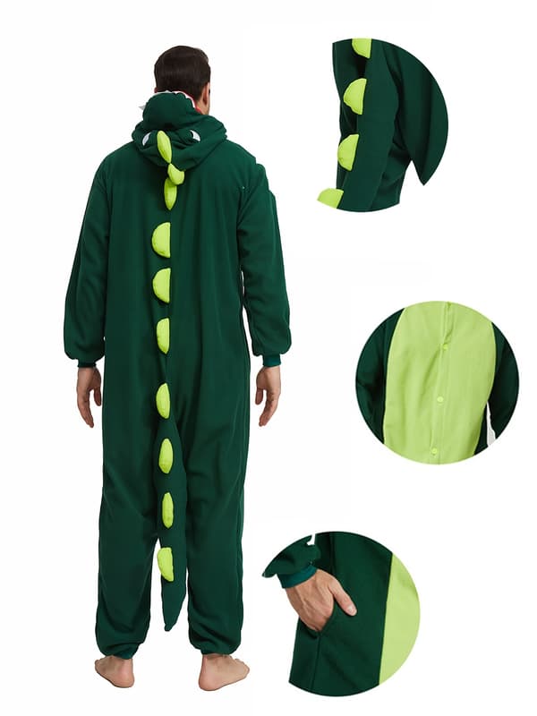 Herrfleecefodrad dinosaurie-onesie-pyjamas varm långärmad för höst vinter XL Dk Green