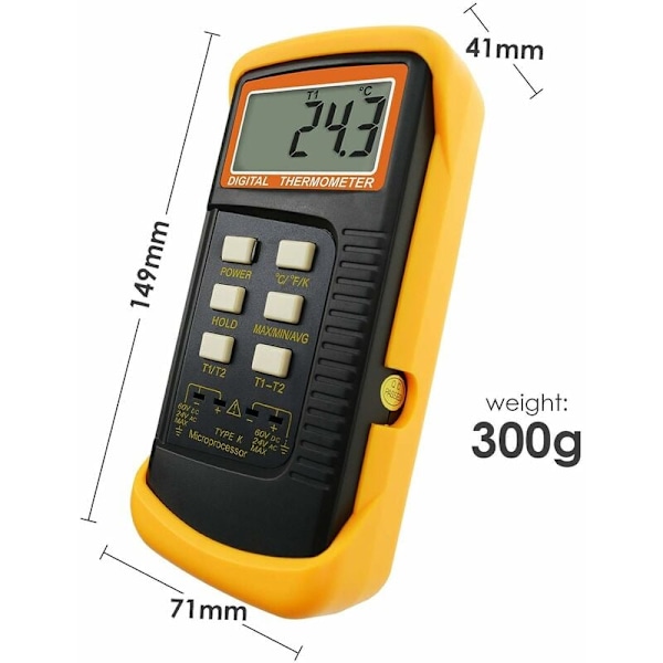 Typ K-termometer med 1300°C termoelementsensor (°C, °F och K med 4 termoelement (trådade och rostfria)