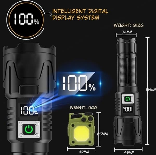 LED Flashlight A09 set – 6000 Lumen, 50W, Rechargeable & Tactical & COB survival-FX- Svart black