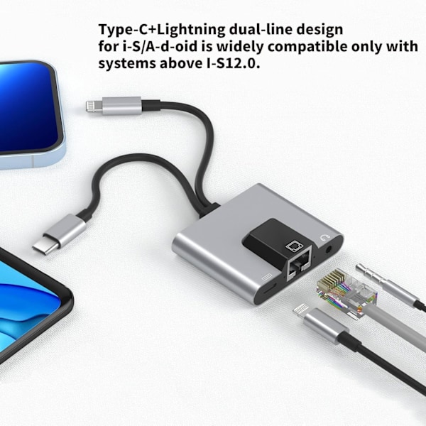 2-in-1 Lightning/Type-C - Ethernet-sovitin -Phone/-Pad-laitteille, 100 Gigabit Ethernet LAN-verkkosovitin, (IS 12.0 tai uudempi) {EE}