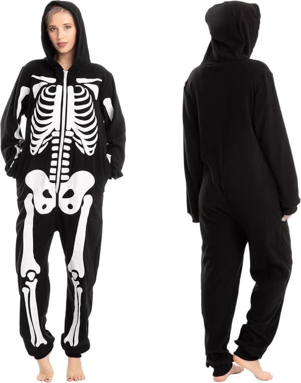 Skelet Hættetrøje Pyjamas Onesie til Voksne - Sort Halloween Kostume-FX-