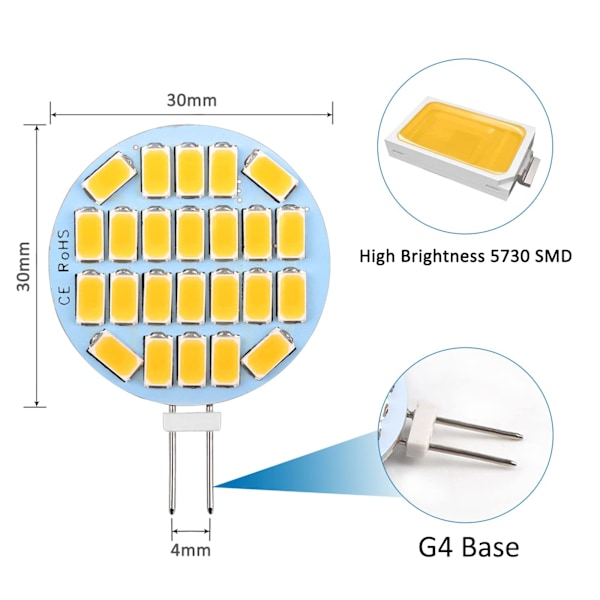 G4 LED 3W, AC12-24V, 300LM Varmvit 3000K, 24x5730 SMD 6-pack{F2}