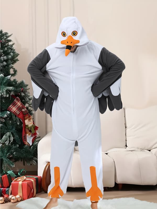 Fleecefodrad djur-onesie-set för män, huvförsedd varm morgonrock för höst- och vinterfester S White